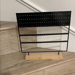 Black Metal Earrings Display Stand with Wooden Base